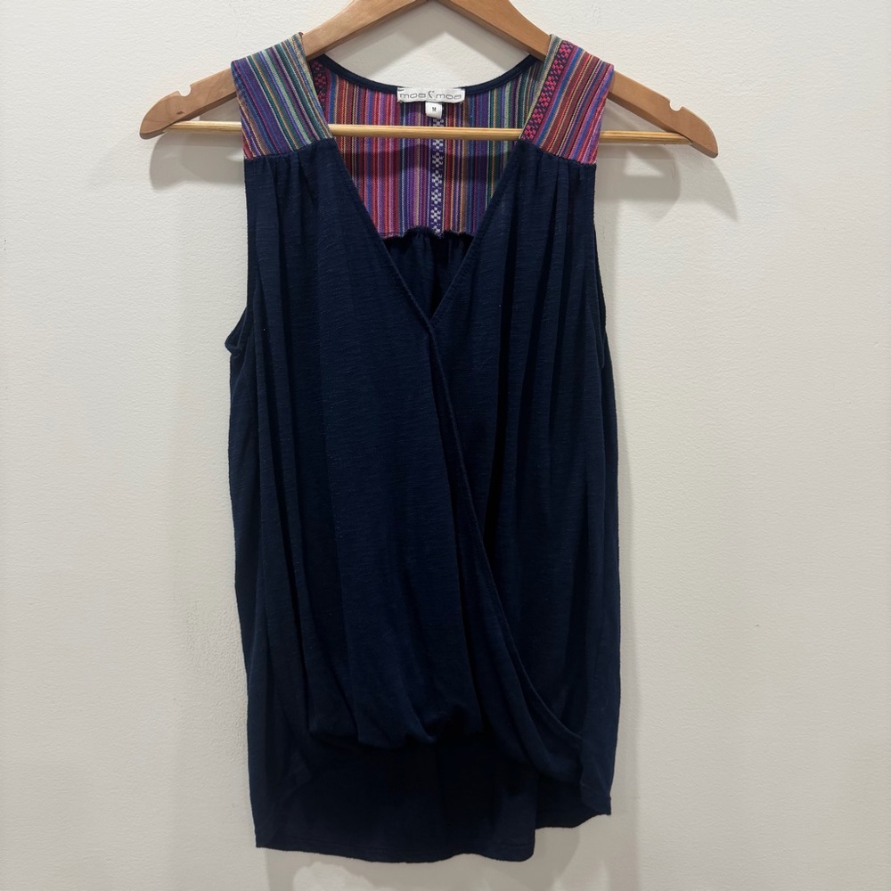 ✅ Moa Moa medium Navy tank Top  Colorful Mola woven textile shoulder V-neck wrap